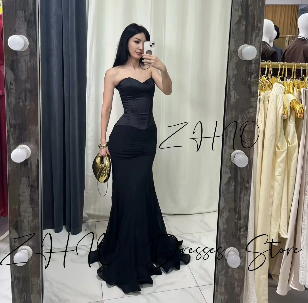 ZHIO elegante vestido de fiesta de boda de satén negro sin tirantes plisado Línea A hasta el suelo satén ocasión especial vestido de noche personalizado