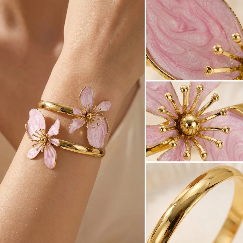 Großhandel Romantische Rosa Emaille-Blumen-Armbänder für Frauen Vintage Goldfarbene Florale Offene Manschettenarmbänder Elegante Schmuckgeschenke – Detail 1