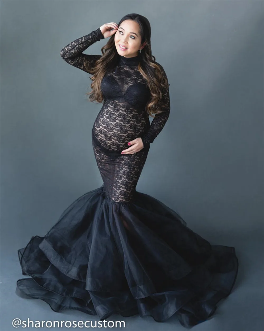 Maxi vestido de maternidad para Sesión de fotos de mujeres embarazadas, manga larga, encaje negro, cuello alto, vestidos de fotografía, vestido de embarazo