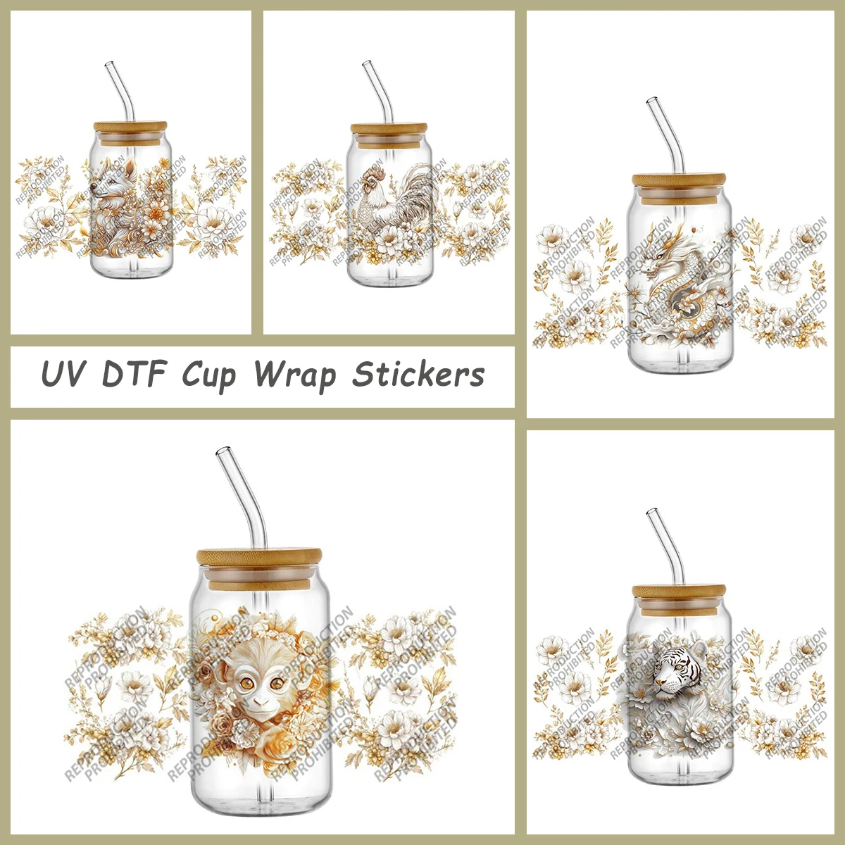 

The Twelve Chinese Zodiac Signs with Peony UVDTF Cup Wrap Stickers for 16oz Tumbler Flowers DIY Viny Decals for Mugs Crafts