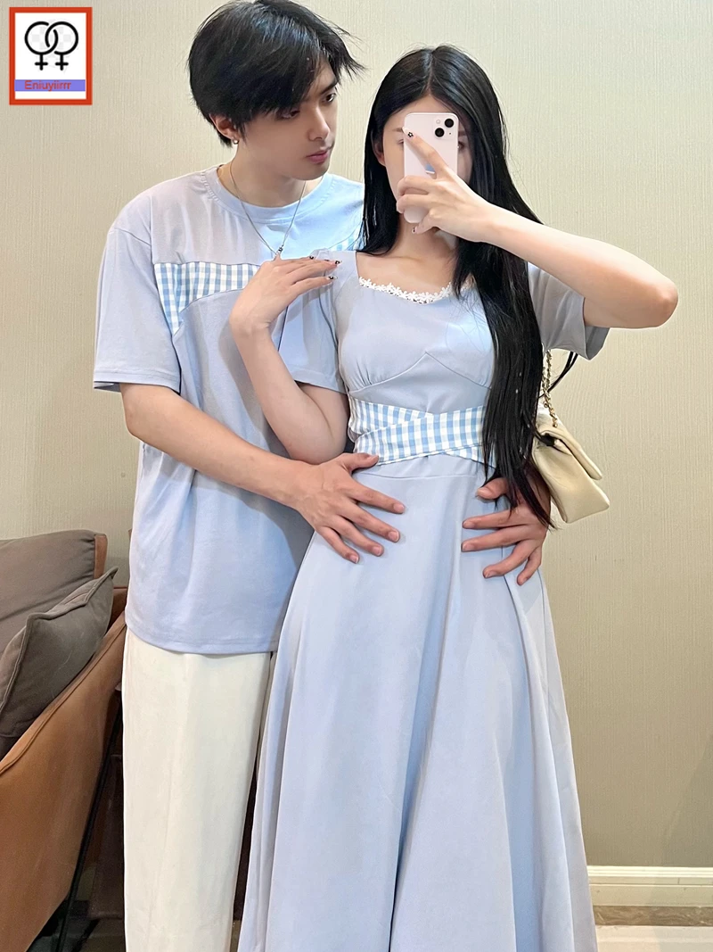 Matching Couple Clothes Outfits Male Female Lovers Holiday Valentine's Date Honeymoon Retro Vintage Cotton Plaid T-Shirt Dress