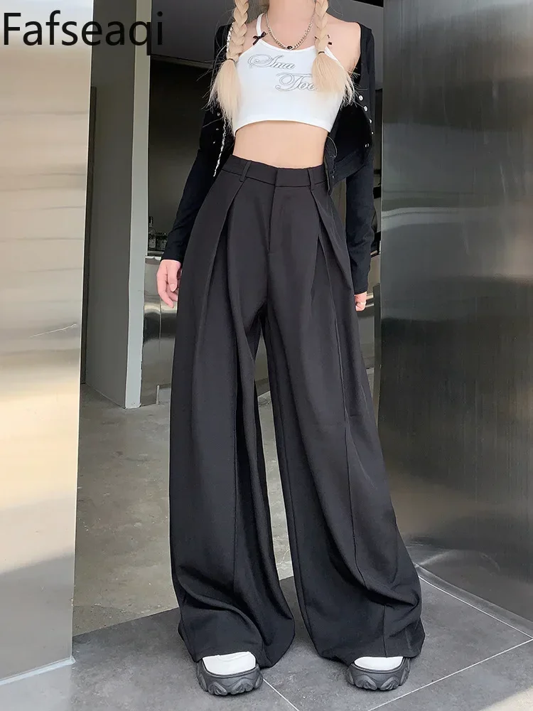 Khaki Wide Leg Trousers for Women 2024 Autumn High Waist Loose Draped Full Pants with Folds Baggy Women's Straight Suit Pants