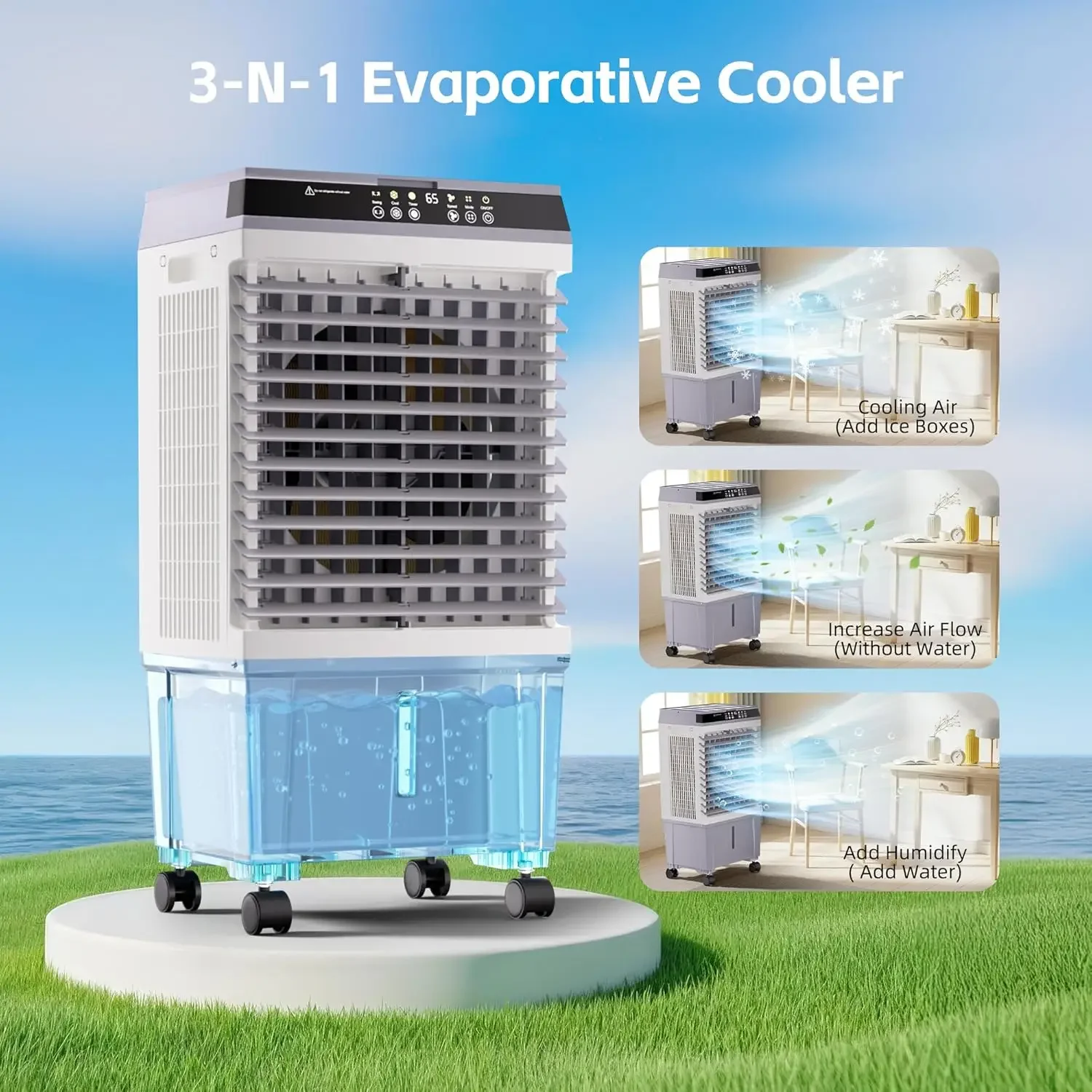 Refrigerador de ar evaporativo 3 em 1 com novo motor de cobre atualizado de 2025, tanque de água de 5,3 galões, 4 embalagens de gelo, temporizador 12H
