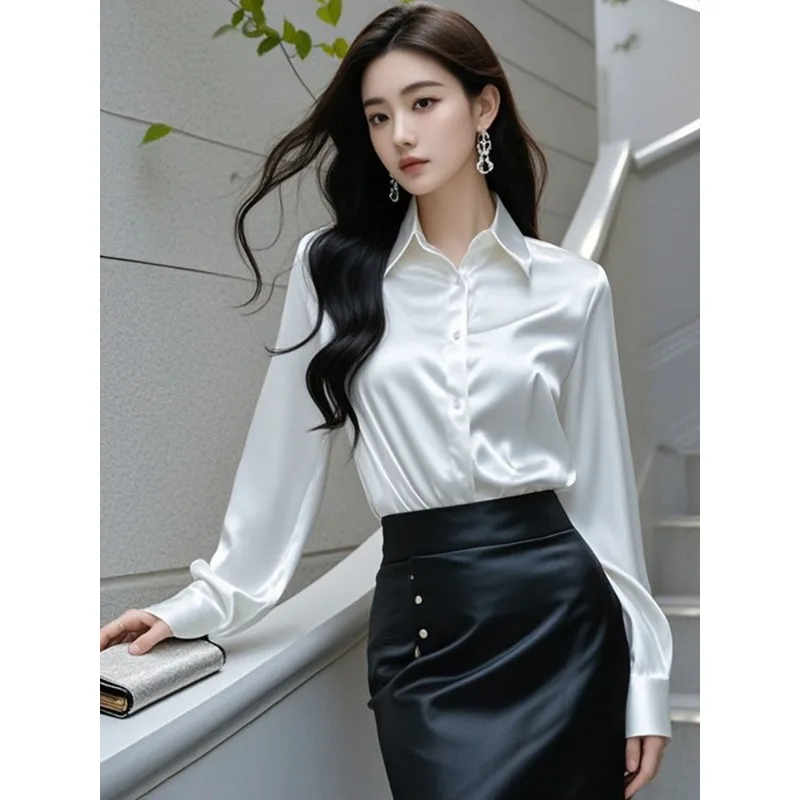 

Elegant Silk Office Shirts Women Korean Fashion Clothes Slim Long Sleeve Leisure Mujer Workwear Solid Tops Women Blouses