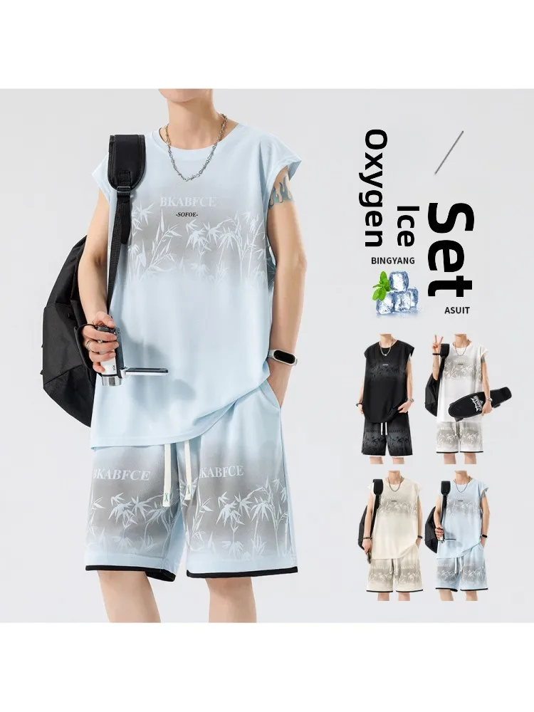 

2025 New Summer Faion Loose ort Sve Two-Piece Set for Men Sli Spor Look Polyester Fiber ort orts Ensemble