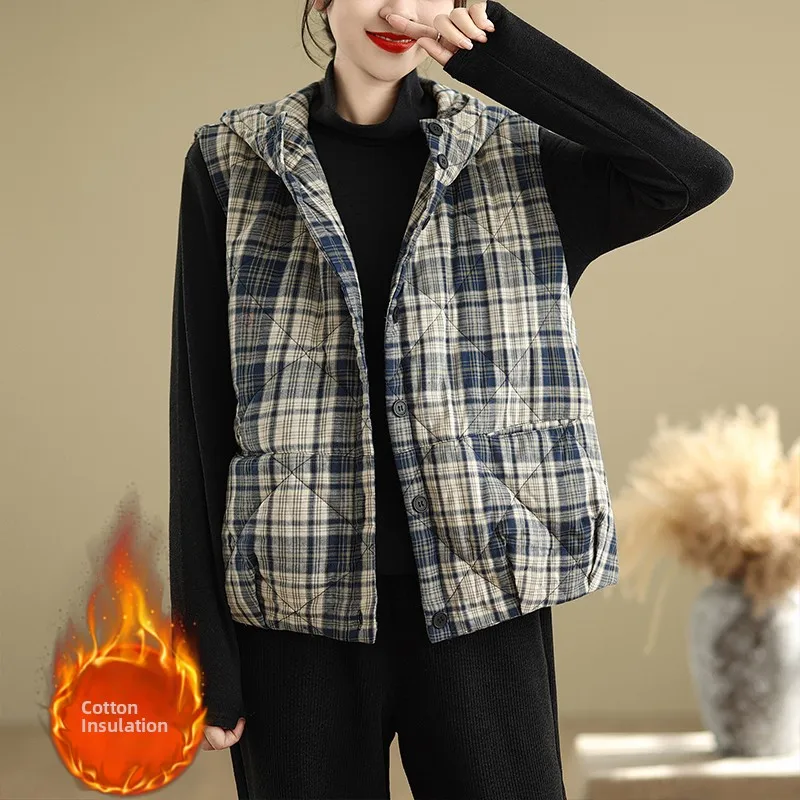 

plus Size Casual Plaid Hooded Vest Women's Autumn Winter Cotton Jacket Sleeveless Vintage Style Loose Fit Single Button Closure