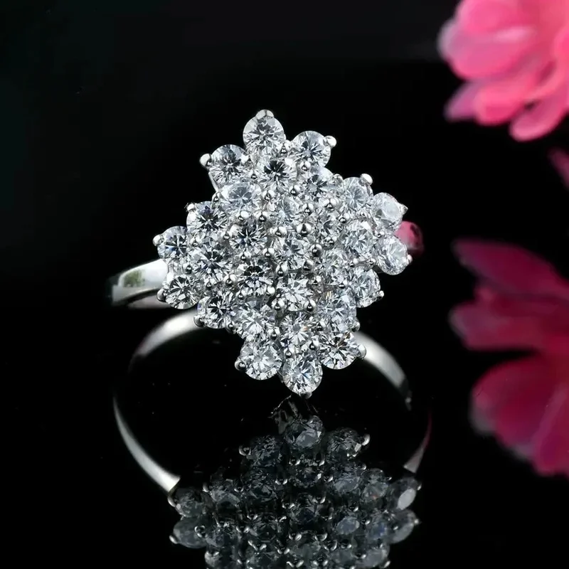 925 sterling silver sunflower shaped multi-layer snowflake studded diamond ring with sparkling style, versatile and high-end