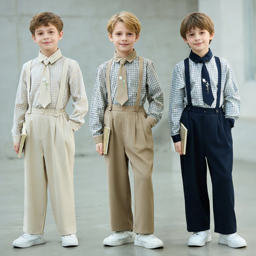 School Boys Plaid Shirt Suspenders Pants Set with Floral Tie Kids Preppy Style Long Sleeve Outfit for Stage Performance 4-12Y
