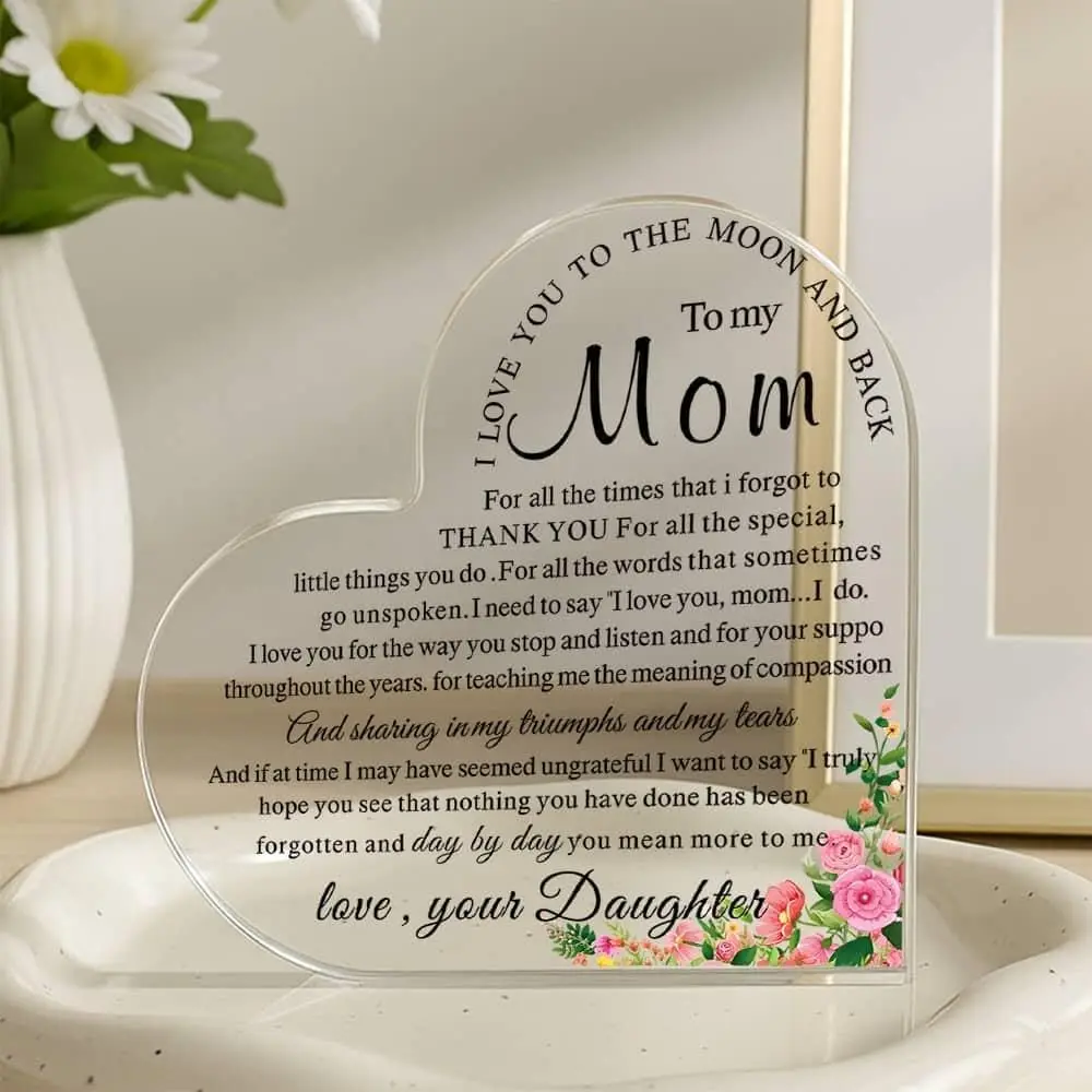 Heart‑Shaped Acrylic Plaque To My Mom I Love You To The Moon And Back Pink Floral Freestanding Sentimental Mother Keepsake Gift