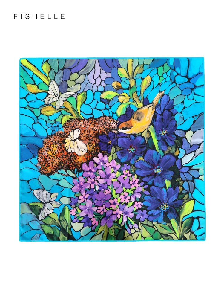 Bluish violet flower birds oil painting scarves women 100% natural silk twill 90*90 square scarf ladies bandana luxury hijab