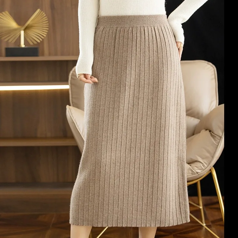 Fall Winter New Style Versatile Simple Straight Cut Skirt Women's  Color One Step High Waist mid Length Pure Wool  S...
