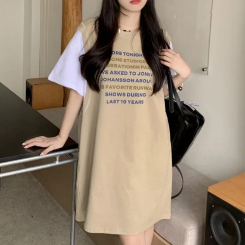 Summer Korean Version Letter Print Contrasting Color Patchwork Fake Two-piece T-shirt Skirt Loose Casual Fashion Versatile Dress