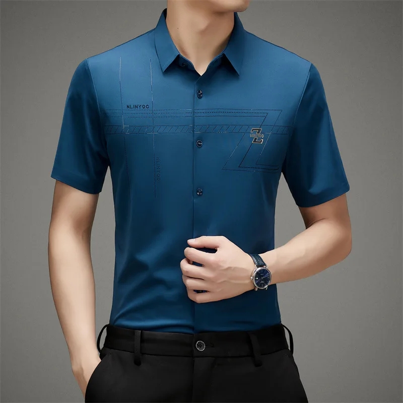 2023 Summer Men\'s Solid Color New Product Turn-down Neck Short Sleeve Ice Silk Traceless Light Business Casual Tee Shirt Tops