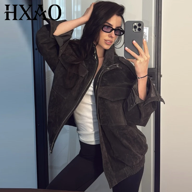 

HXAO 2026 Women's Suede Jacket Autumn Spring Darkgrey Khaki Bomber Jacket Picket Zip Up Long Sleeve Coat Fashion Aviator Jackets