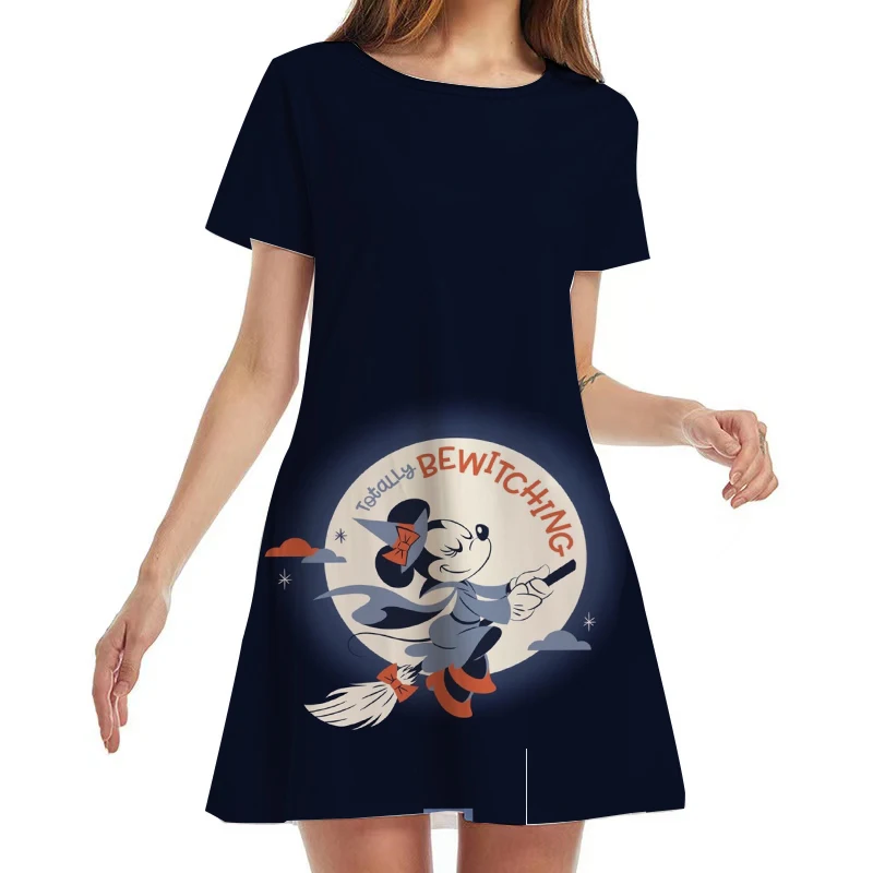 

Disney New Summer Women's Short Sleeve Round Neck Knee Length Dress Sexy Nightclub Mickey and Minnie Anime Print 2022