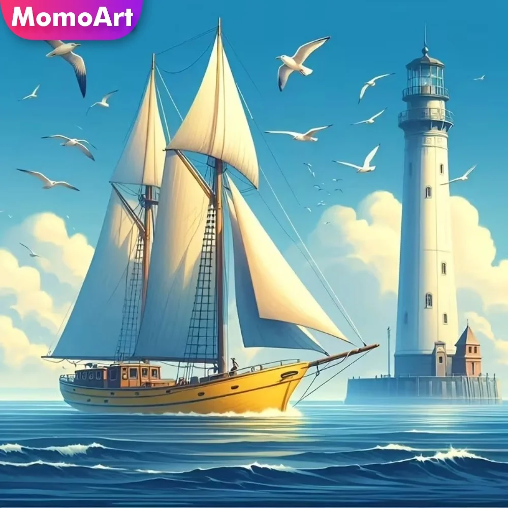 Momoart Neuerscheinung Diamant-Mosaik Boot-Landschaft Diamantmalerei Leuchtturm DIY Geeignet für Anfänger Stickerei Einzigartiges Geschenk