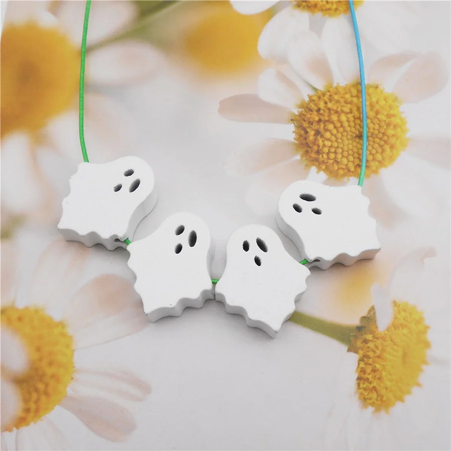Julie Wang 10PCS White Wooden Halloween Ghost Beads Natural Wood Spacer Bead For Necklace Bracelet Jewelry Making Accessory