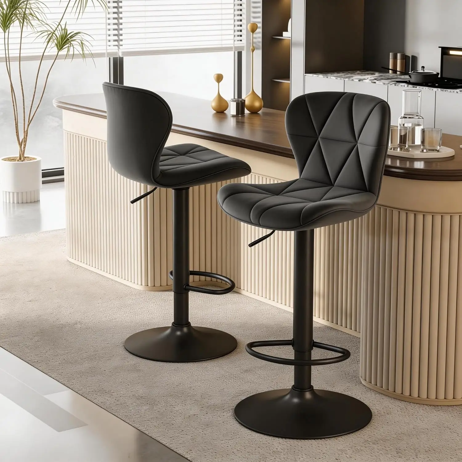 

Modern Bar Stools Set of 2, 360°Swivel Counter Height Stools Adjustable Height 24.8"-33.46", Faux Leather Upholstered Kitche