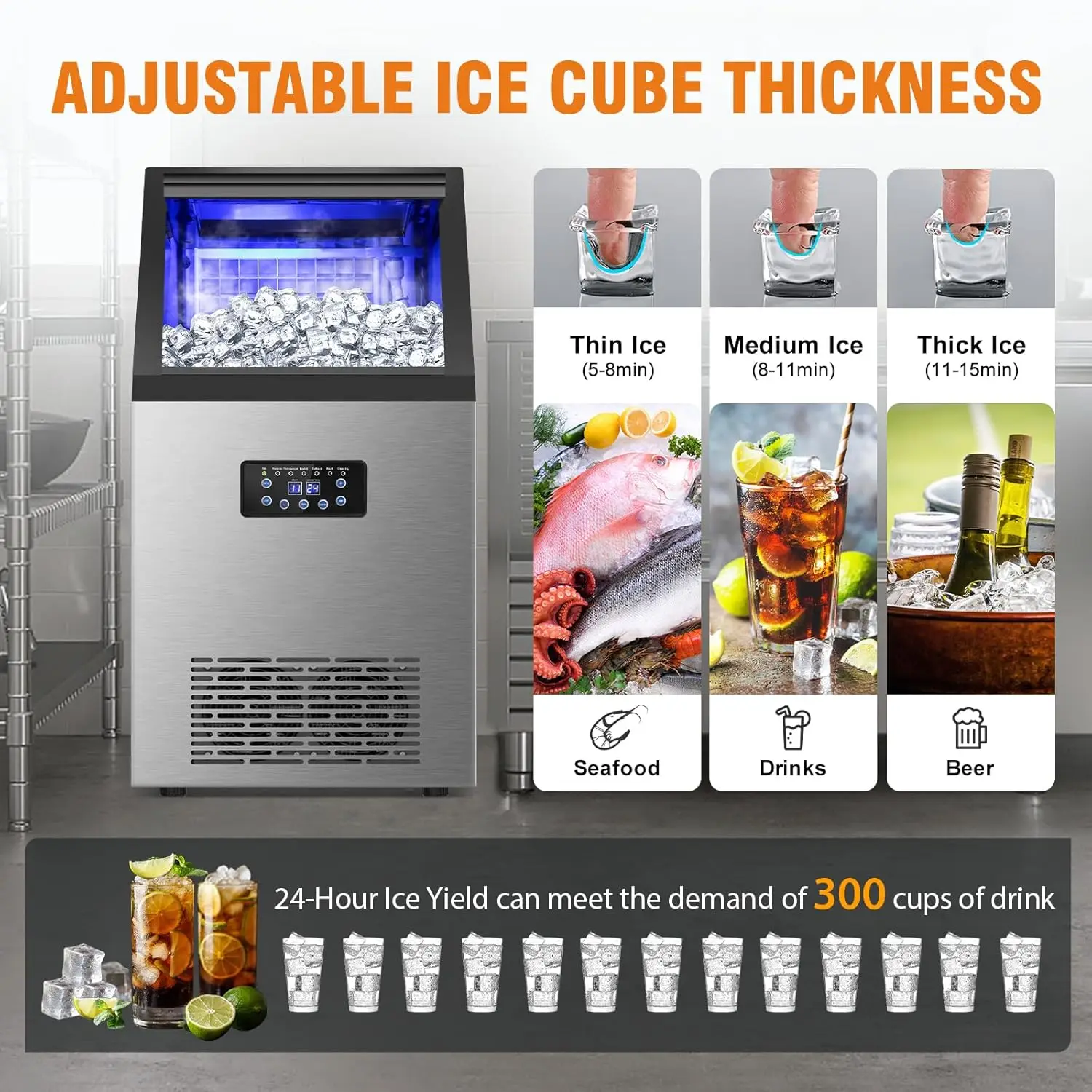 Commercial Ice Maker Machine, 120Lbs/24H with 30Lbs Storage Bin, 40Pcs Ice Cubes 6Mins, 2-Way Add Water Under Counter Freestandi