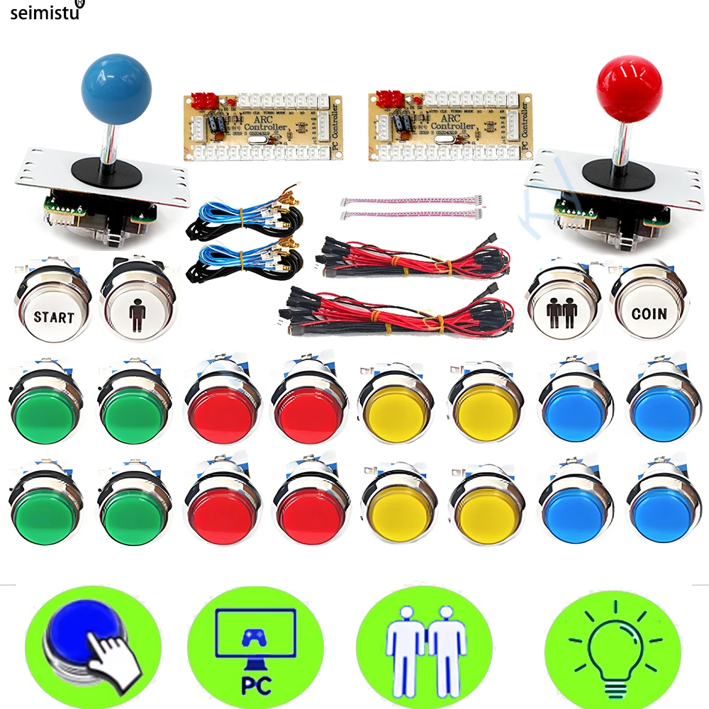 DIY Arcade Game Kit for 2 Players Light Push Button American Style Joystick USB Encoder Cables Compatible with PC Raspberry Pi M
