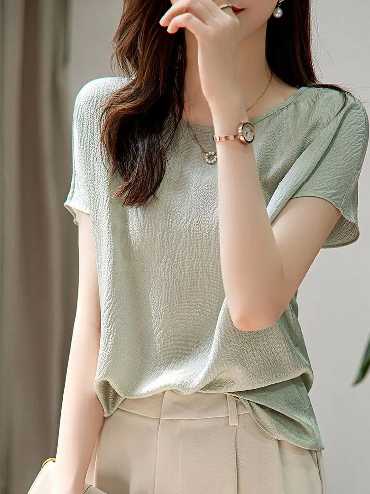 

Summer New Fashion Round Neck Short-sleeved Blouse for Women Loose and Elegant Top Thin and Stylish