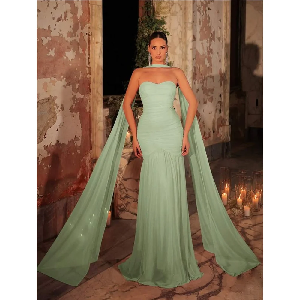 

Evening Dress Customized Sweetheart Neck Pleat Chiffon Mermaid Evening Gown with Scarf Backless Lace-up Prom Dress Customized