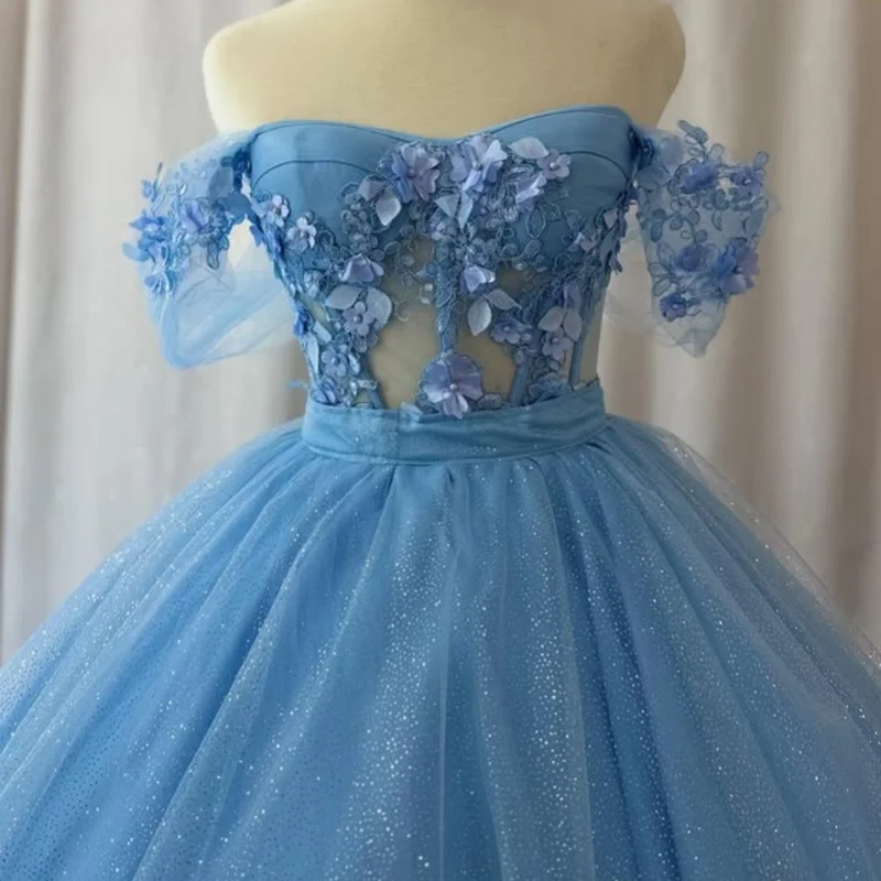 

Shiny sky blue Quinceanera Dress off-shoulder 3D flower Decal Long tail Vestidos De 15 Quinceanera ﻿Customize
