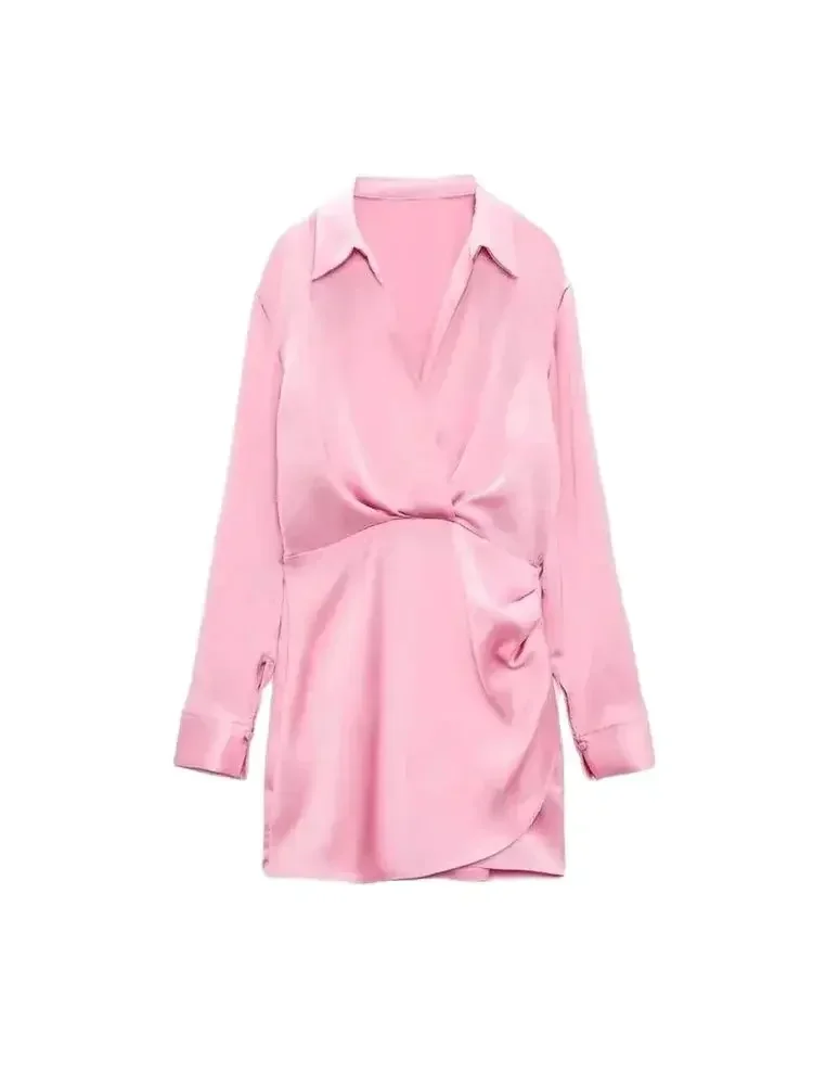 ฤดูร้อนผู้หญิงแฟชั่นรวบรวมซาตินมินิเดรสวินเทจคอวีแขนยาวหญิงVestidos