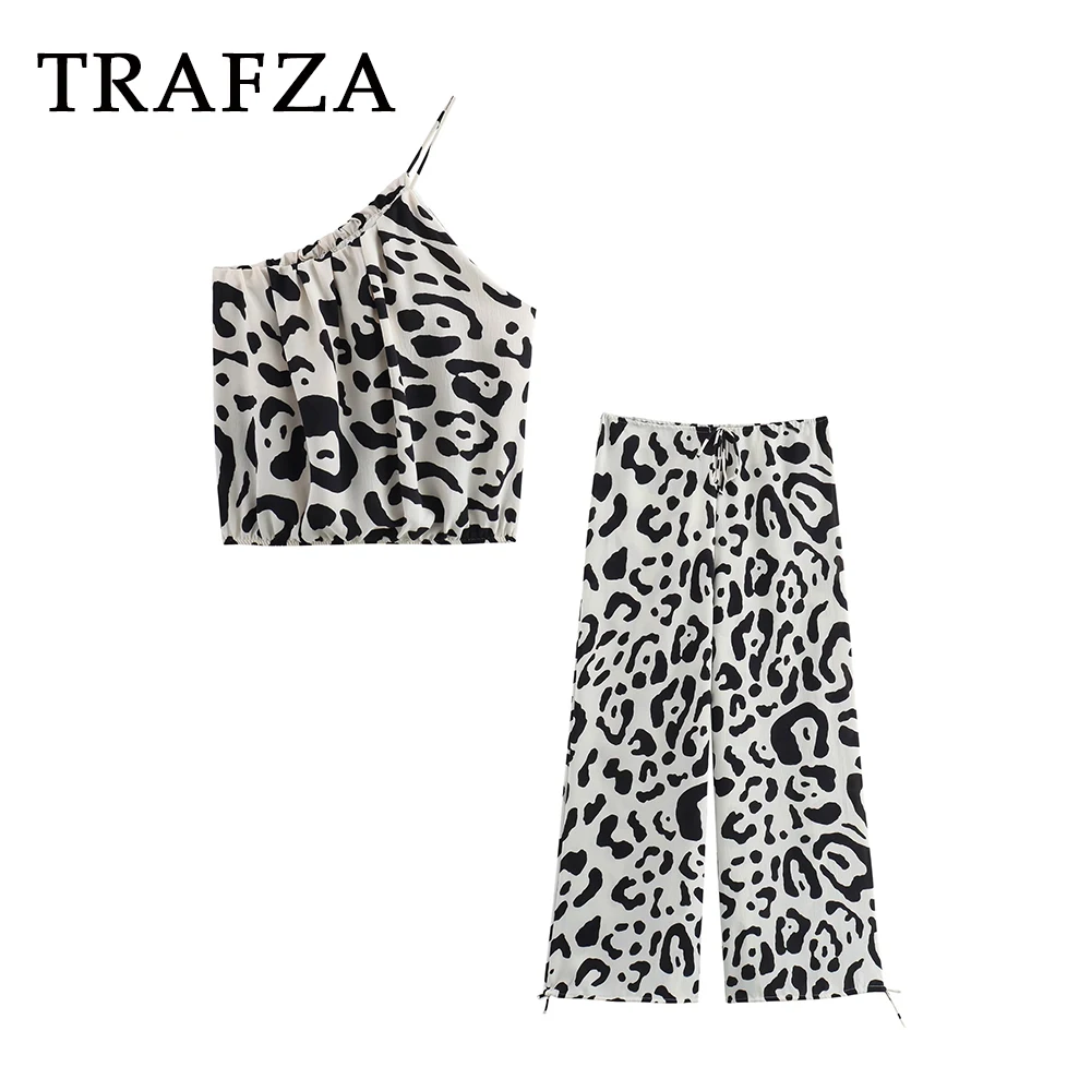 TRAFZA 2024 Casual Women Print Suits Asymmetry Balloon Version Vest+Elastic Waist Long Wide Leg Pants Vintage Slim Women Sets