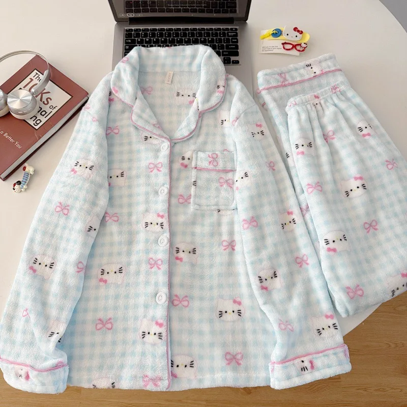 

Winter Long Sleeve Sleepwear Set Women's Home Clothes Sweet Sanrio Hello Kitty Plaid Pajamas Comfortable Loungewear