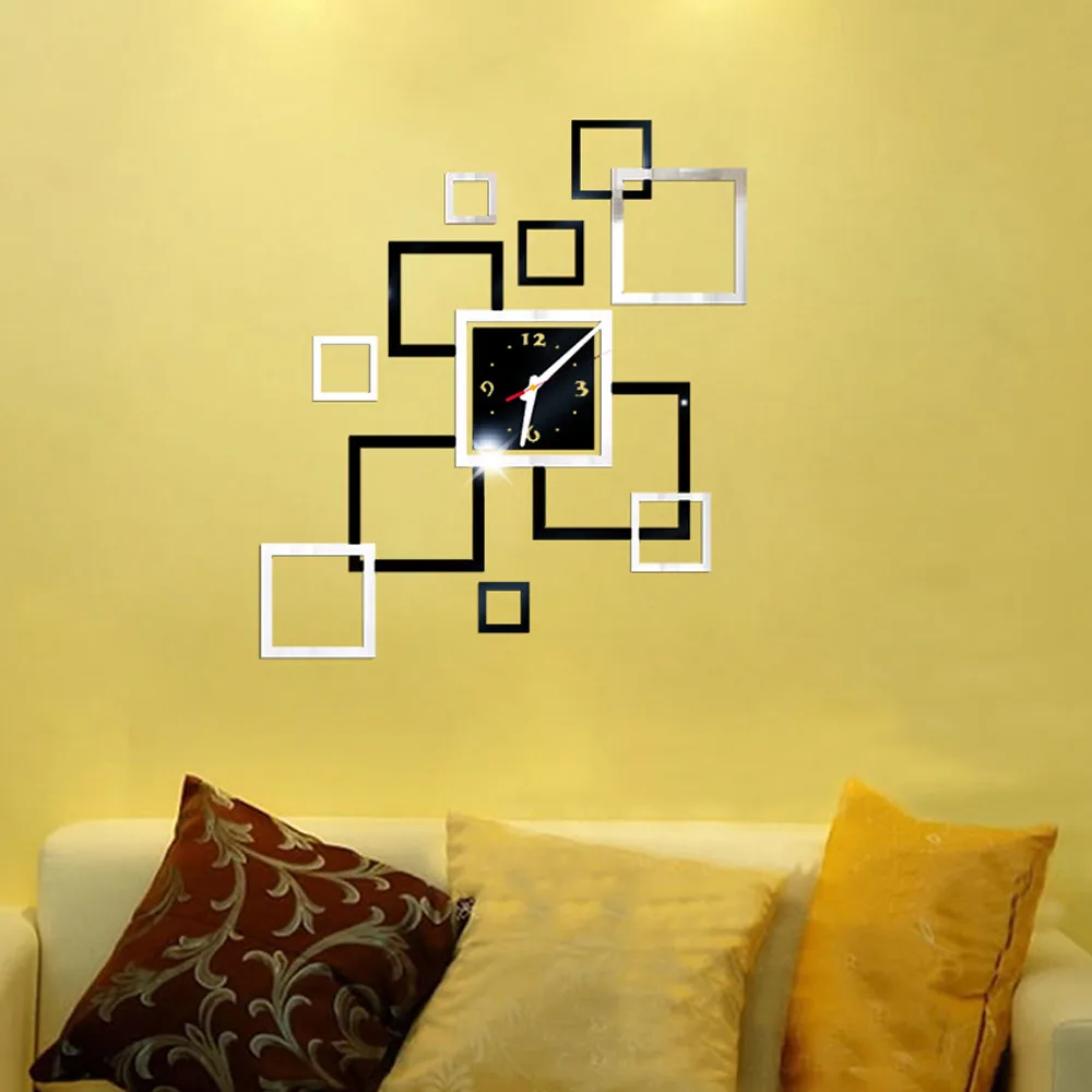 3d Diy Home Wall Clock Acrylic Mirror Square Wall Sticker Removable Clock Fashion Modern Design Sticker Mural Home Decoration