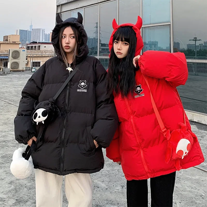 

Women's Parkas Black Devil Horns Wing Couple Hooded Jacket Streetwear Zipper Spliced Pockets Thickening Warm Coat Women Clothing