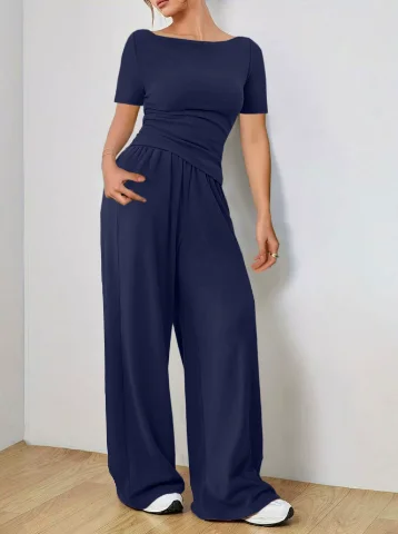 Women's Two-piece Wide Leg Pants Fashion Set Irregular Short Top Women's Clothing Yoga Exercise Set Спортивный Костюм Женский  image 4