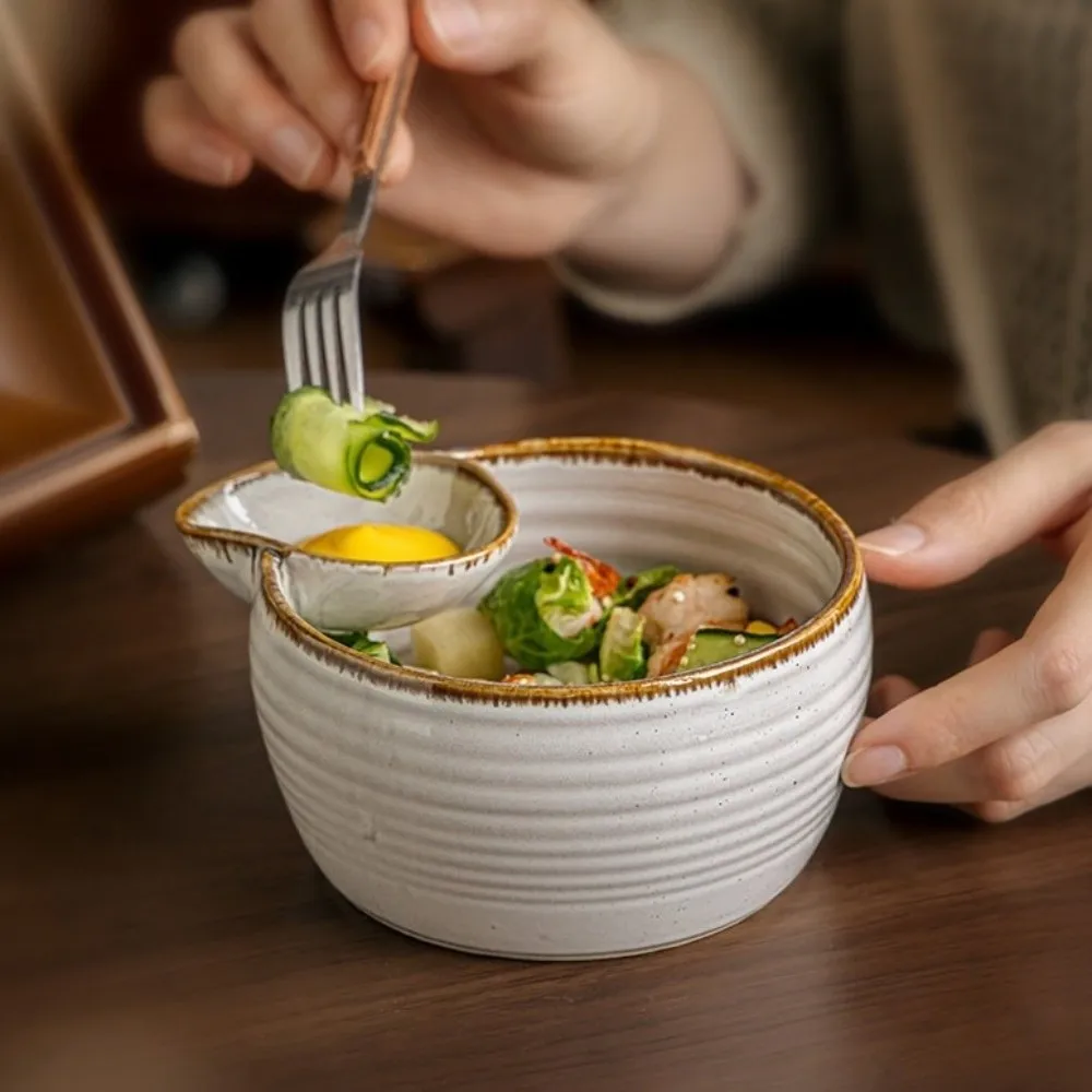 Japanese Style Single Ear Dipping Bowl Vintage Creative Dumpling Plate Ceramic Compartment Divided Snack Bowl Home Dining