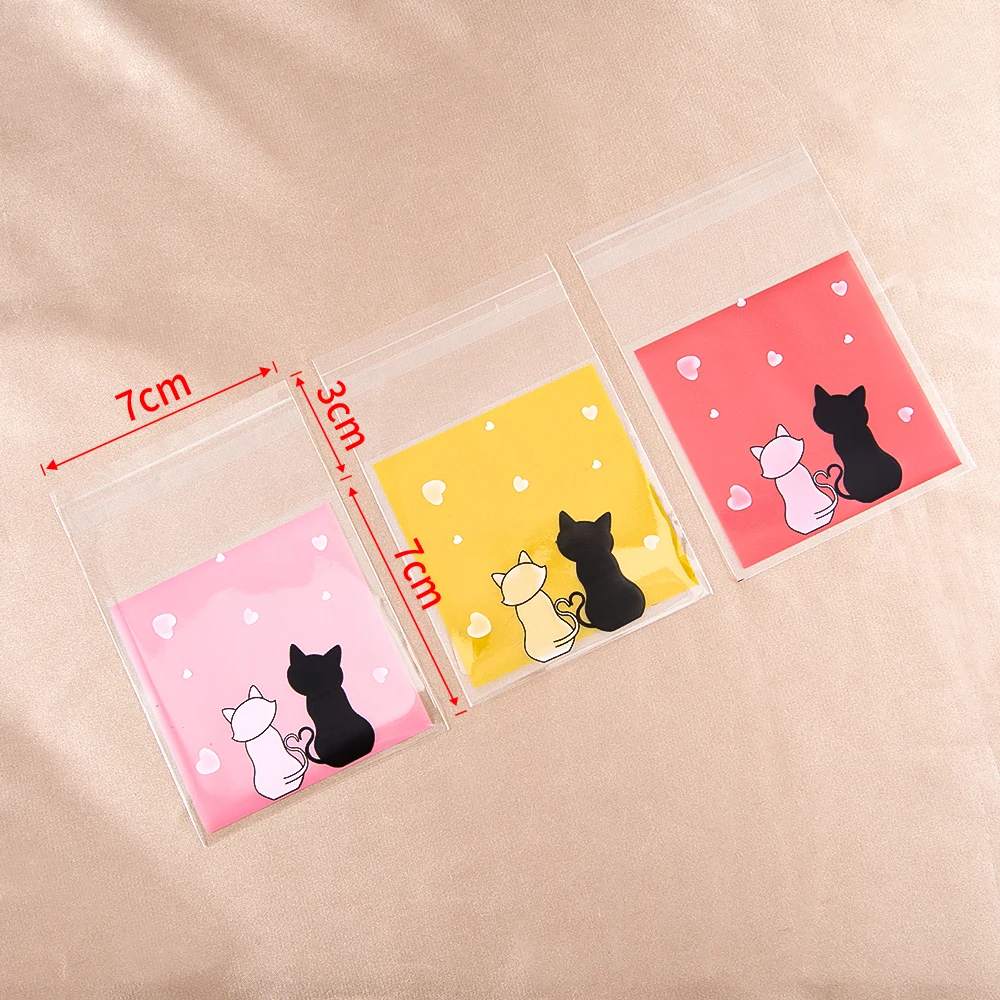 50Pcs Couple Cats Red/Pink/Yellow Plastic Clear Gift Pouch Self Adhesive Biscuits Candy Jewelry Gift Packaging Plastic Bag