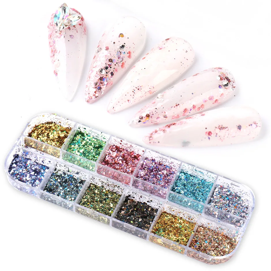 12 Color Gold Foils Gorgeous Nails Glitter Random Aluminum Flakes Paillette Chip Nail Design Shinny Sparkles Nail Art Decoration