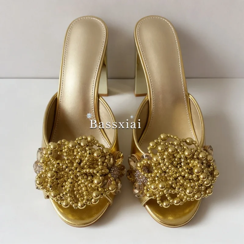Luxury Crystal Beads Flower Sandals Women With Unique Strange Heel Slingbacks Outwear Mules For Girls Summer image 2