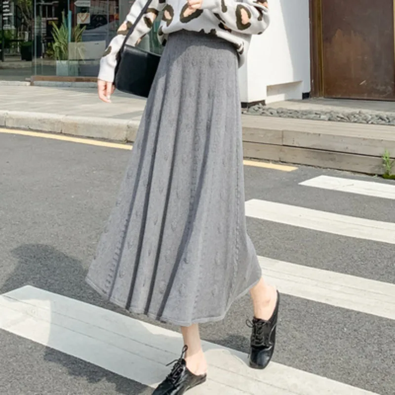 Elegant Fashion Pleated Knitted A-Line Maxi Skirts Women Winter Preppy Casual Big Swing Sweater High Waist Pleated Long Skirts