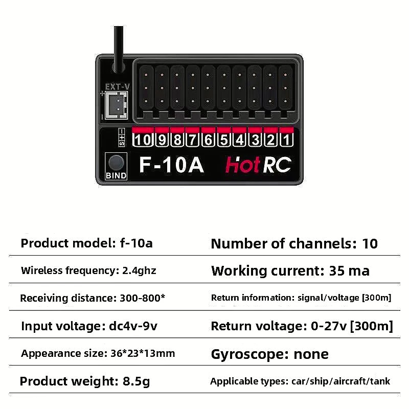 

HOTRC 10-channel 2.4GHz PWM receiver is used for HOTRC series transmitters to remotely control aircraft, cars and ship models