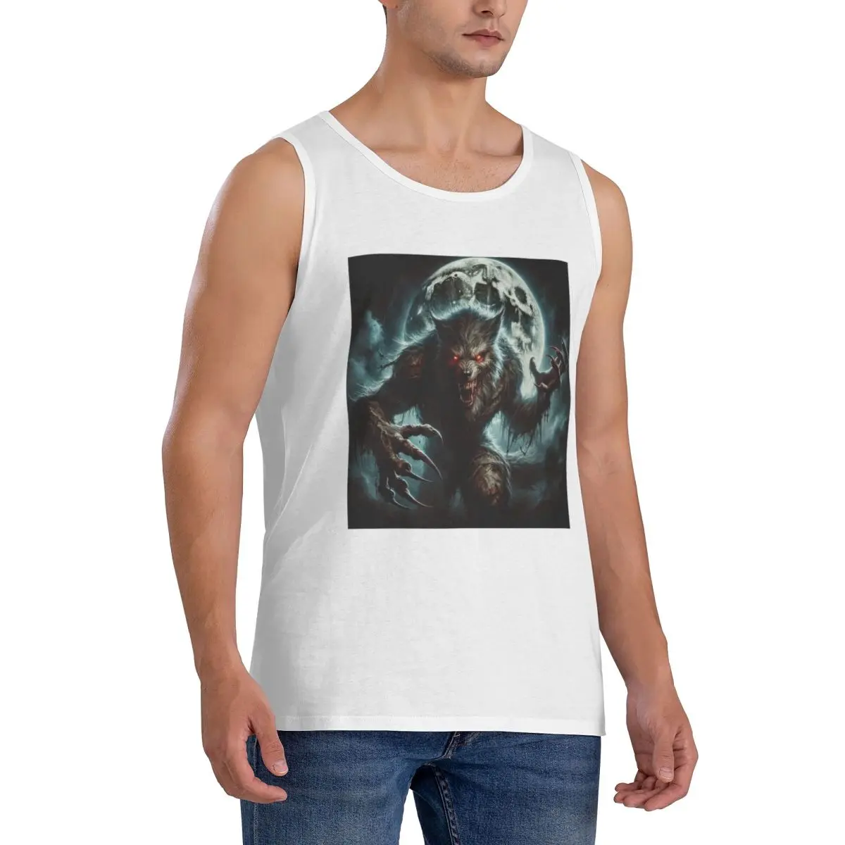 100% Cotton Werewolf In The Moonlight Sleeveless T-Shirt Men Workout Sports Clothing Tops Men's Crew Neck Vest