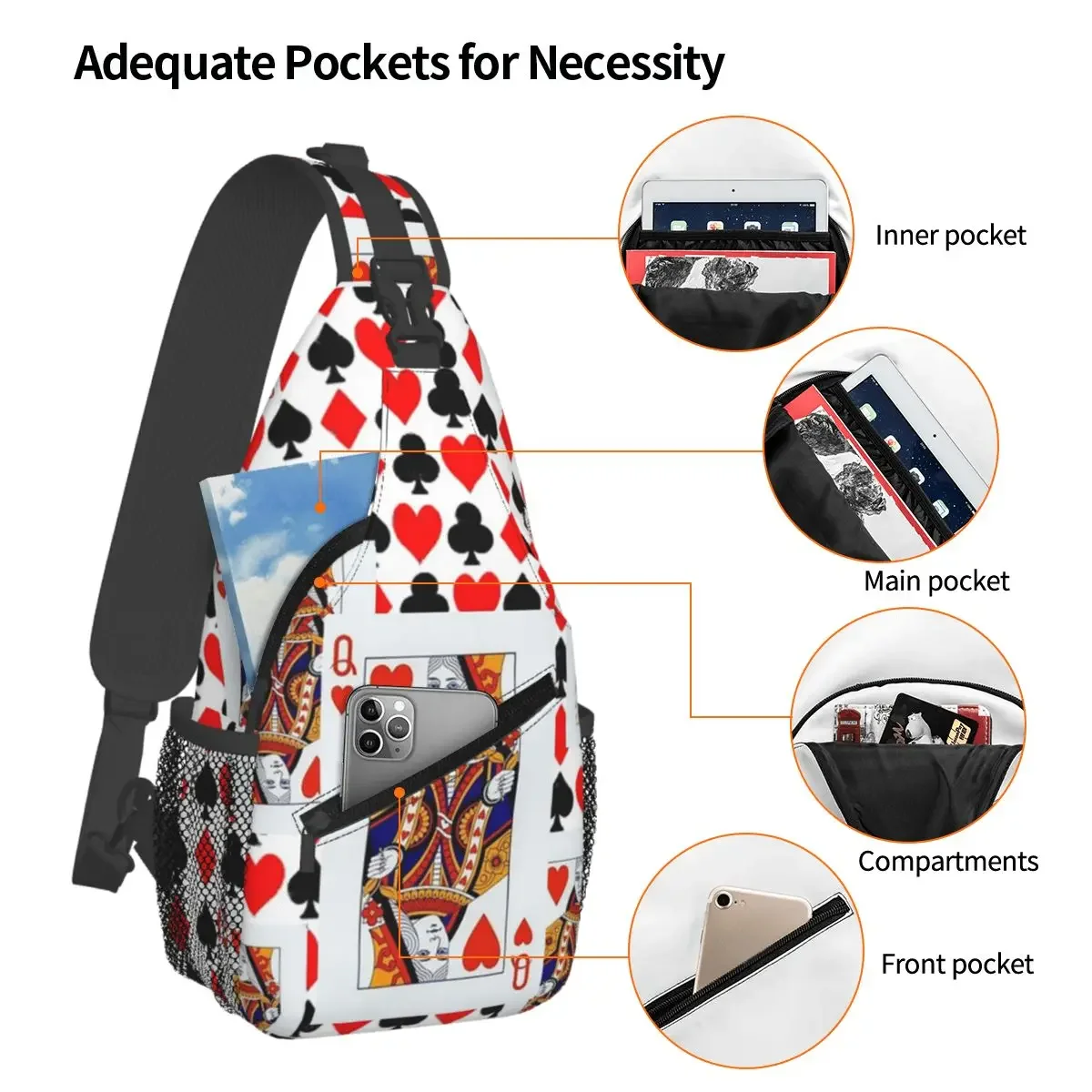 Red Queens Of Hearts Patterns Chest Bag Men Sling Crossbody Backpack Chest Bag Travel Hiking Daypack Shoulder Bag