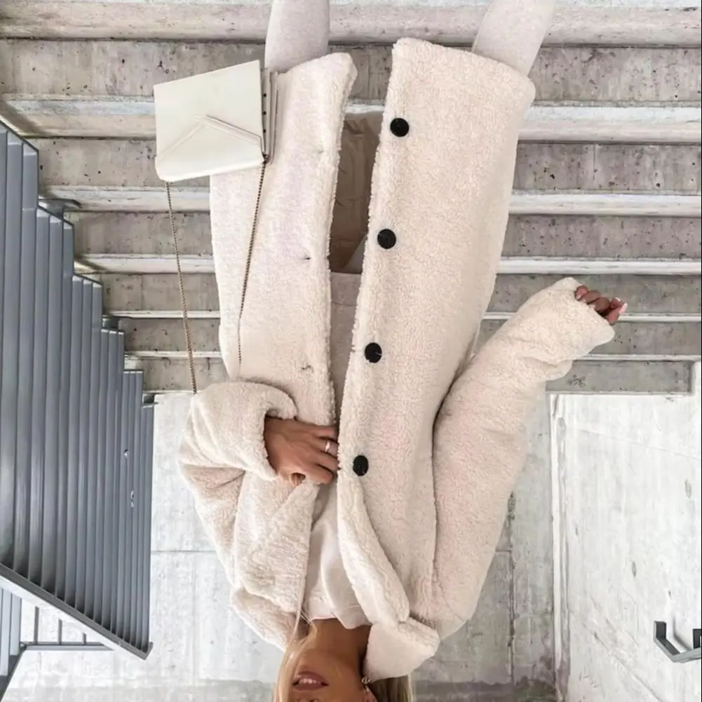 

Women Trench Coat Plush Thicken Overcoat Autumn Winter Single-breasted Teddy Jacket Long Style Outwear Streetwear