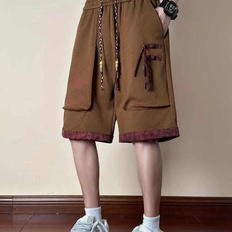 With Pockets Draw String Long Men's Cargo Shorts Button Elastic Waist Baggy Black Loose Bermuda Half Male Short Pants Wide Nylon