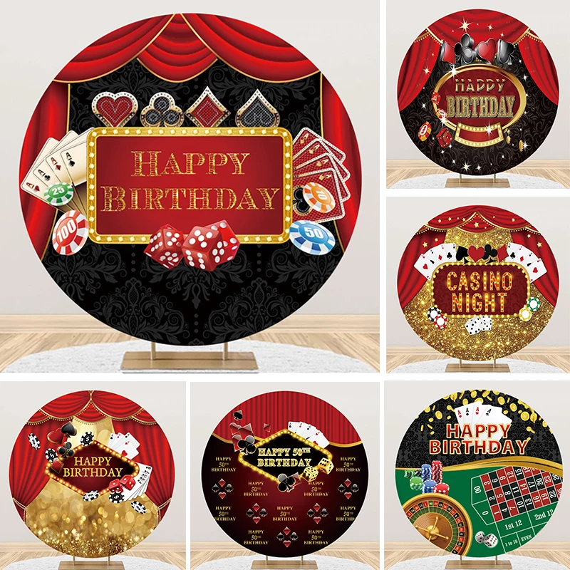 

Casino Roulette Round Backdrop Cover Poker Chips Dice Las Vegas Night Photo Background Man's Birthday Party Circle Decorations