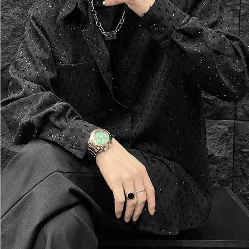 Men's Gypsophila Shirt Nightclub Loose Trendy Long-sleeved Hollow Fashion Shirt Handsome