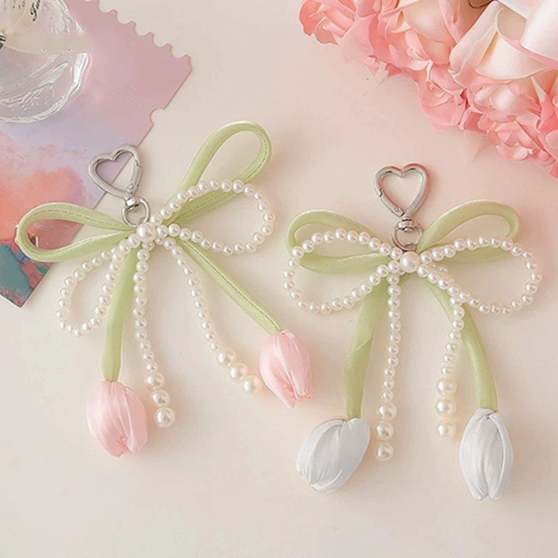Fashion Ribbon Pearl Lace Bow Bag Accessories Tulip Jewelry Style Mobile Phone Pendant DIY Bag Charm Pendant Bag Charm