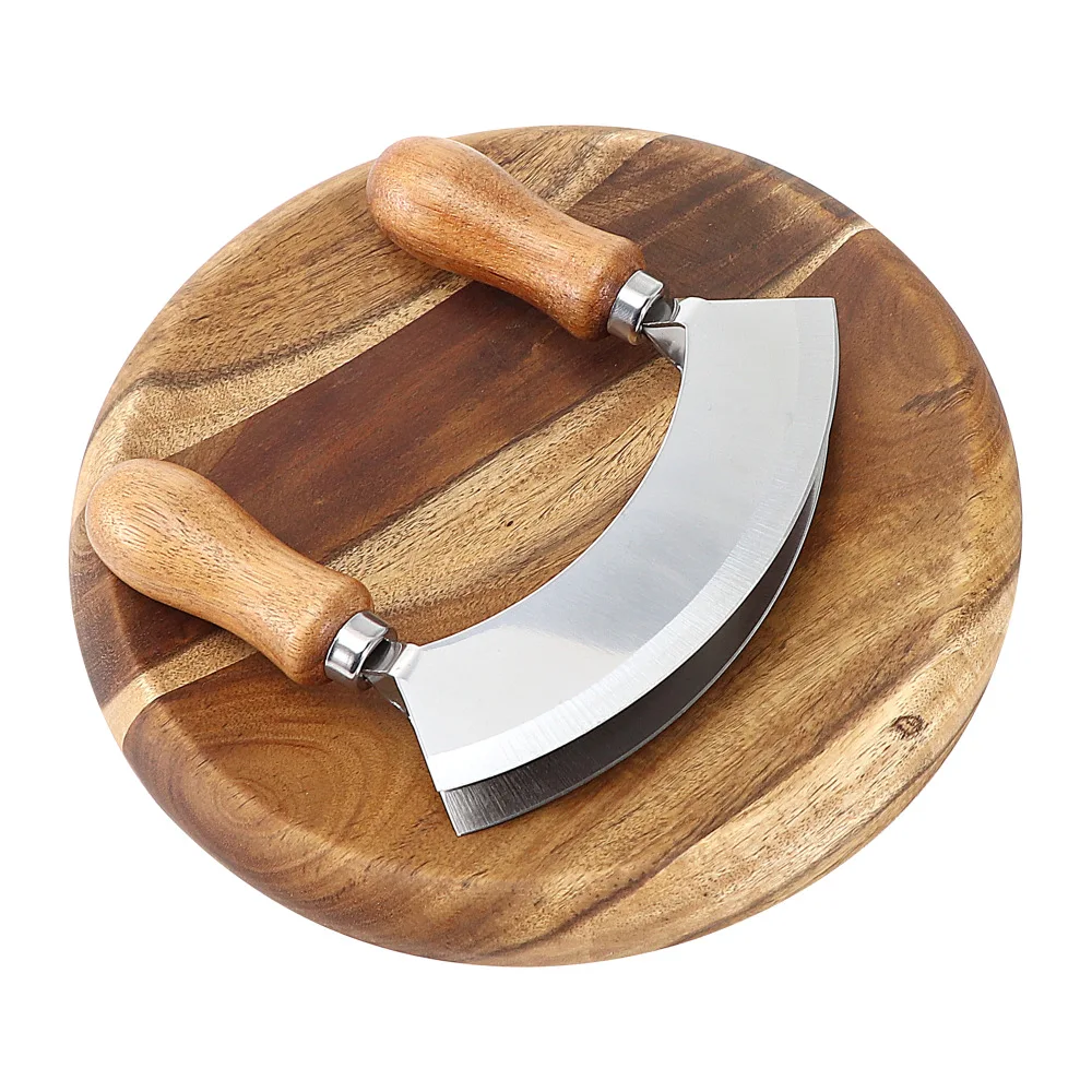 

Double-Handled Mezzaluna Knife and Cutting Board Set Mezzaluna Chopper with Herb Board set Salad Chopper cutter with round board