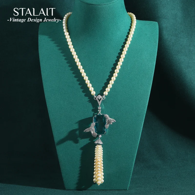 

Винтажное жемчужное ожерелье в стиле барокко, ювелирные изделия для женщин, кисточки, синий кристалл, кулон в виде птицы, готические свадебные аксессуары, цвет антикварного золота