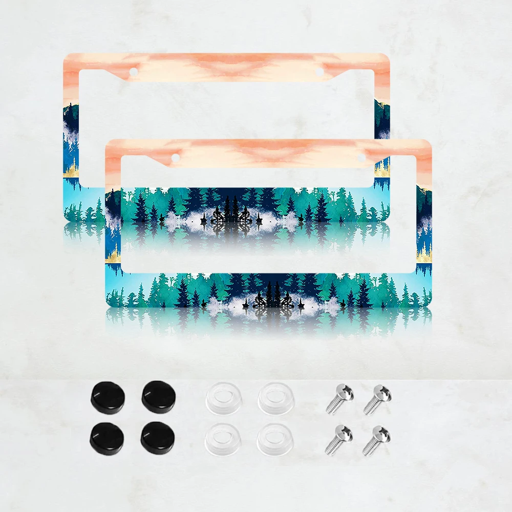 متعدد الألوان نمط الغابات 2 حفرة الألومنيوم إطار لوحة الرخصة 6x12 بوصة مع المسمار مجموعة الرجعية الجدة سيارة الديكور هدية #2