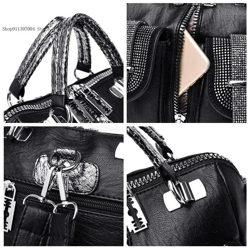 Soft Leather Diamond Studded Backpack Single Shoulder Crossbody Bag for Women